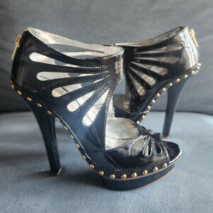 Melody Ehsani RARE Black & Gold Studded "Love Stinks" Stiletto Platforms. SZ 7